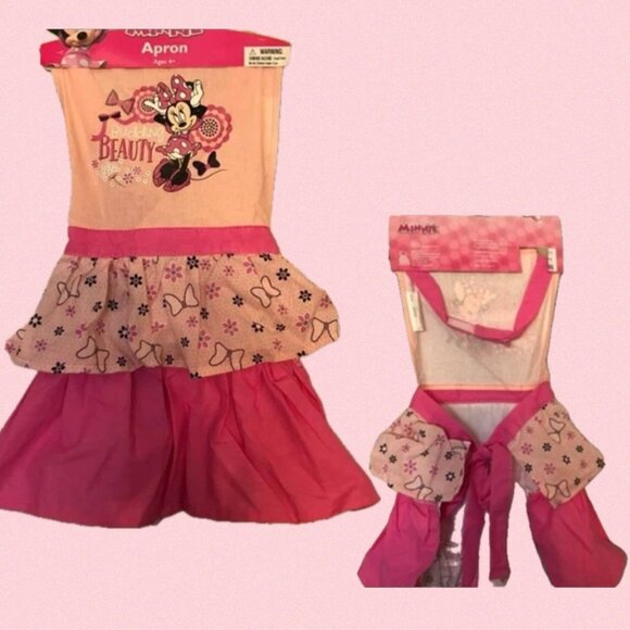 Disney Jr Pink Minnie Mouse Floral & Bow Graphic Ruffle Layers Cotton Tie Apron - Picture 1 of 4